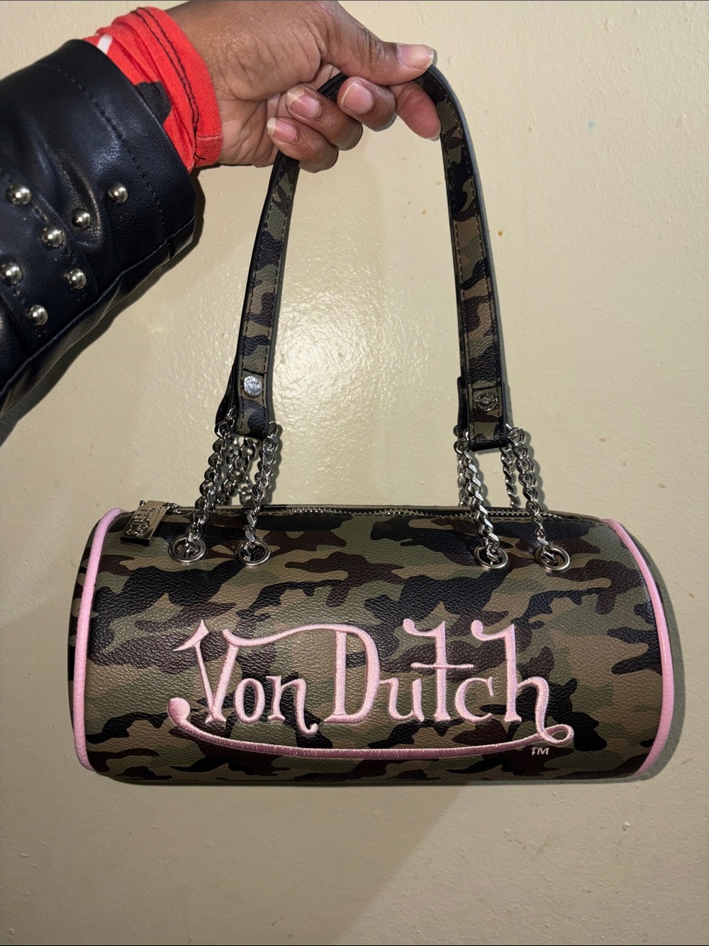 Von Dutch Camo Mini Barrel Bag with Pink Trim